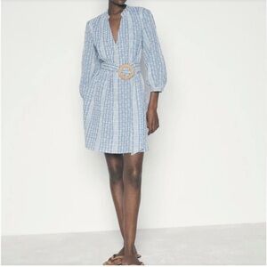 Zara Crochet Daisy Blue & White Gingham Rattan‎ Belted Mini Dress